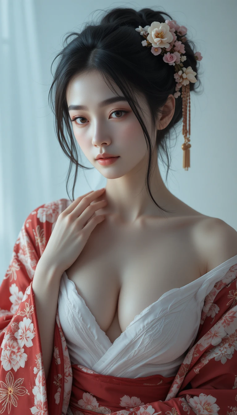 Ethereal portrait of a Japanese woman in red kimono