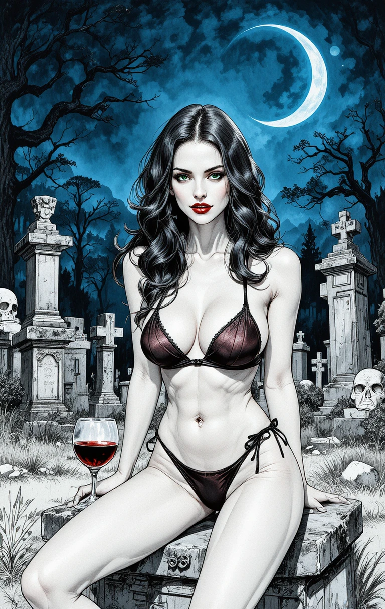 Gothic comic vampire woman on tombstone at night