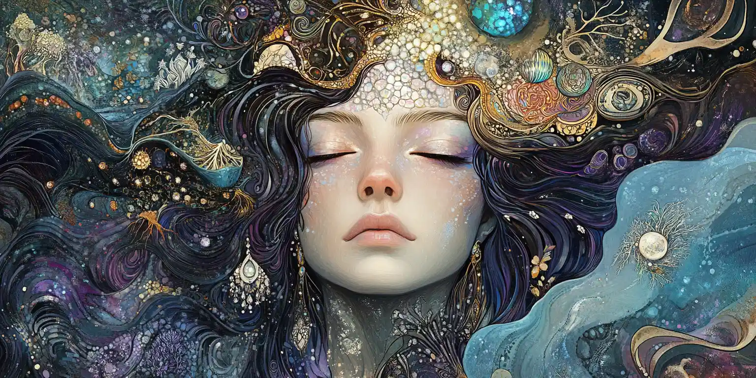 Mystical woman in a luminous fantasy garden landscape