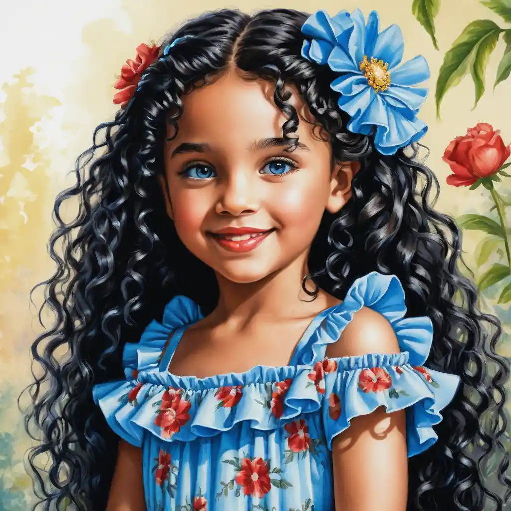 Smiling curly haired girl in blue summer dress portrait