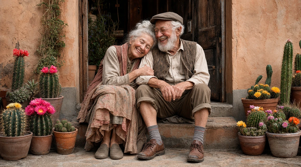 Elderly couple sharing a tender moment on a doorstep