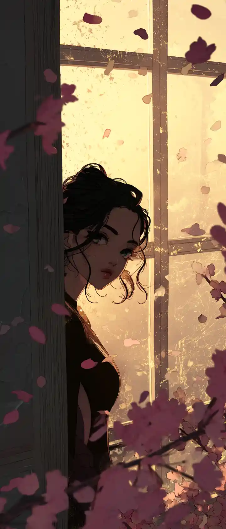 Sad anime woman at fogged window in golden hour light
