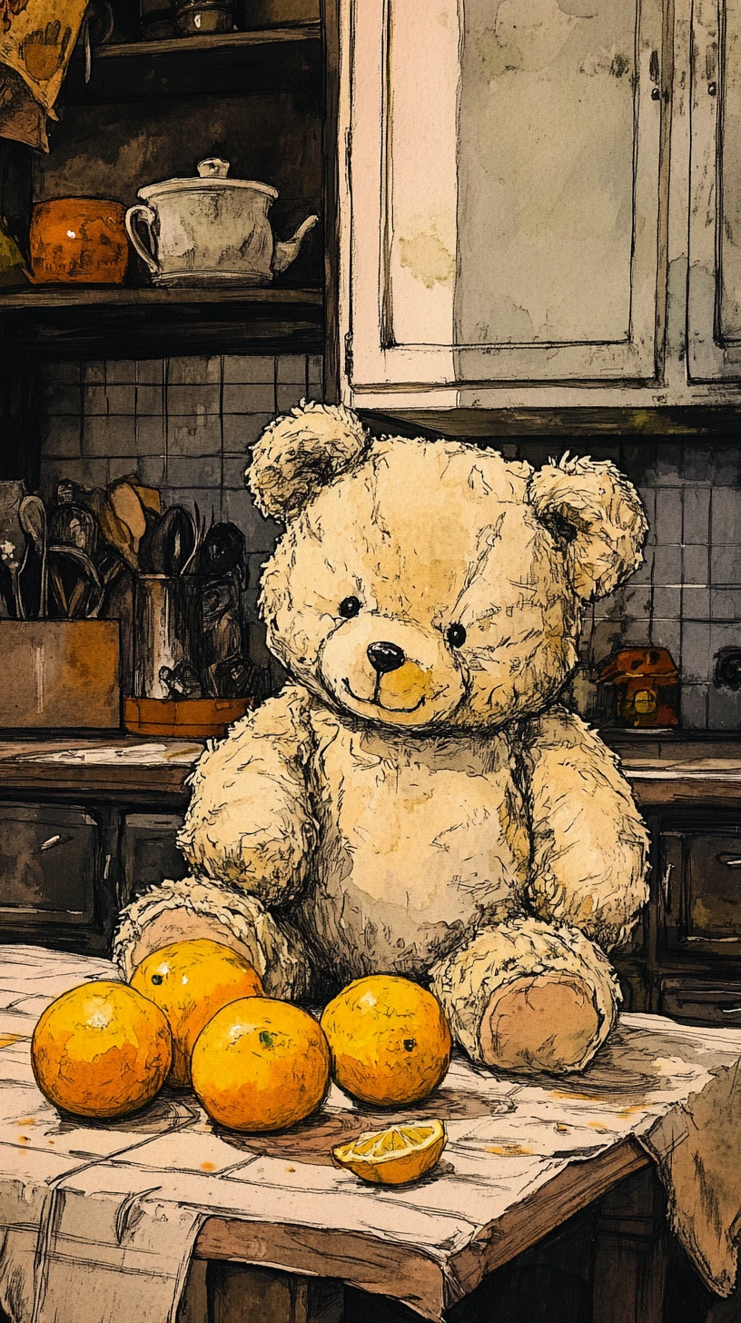 Cute chibi teddy bear with citrus on kitchen table