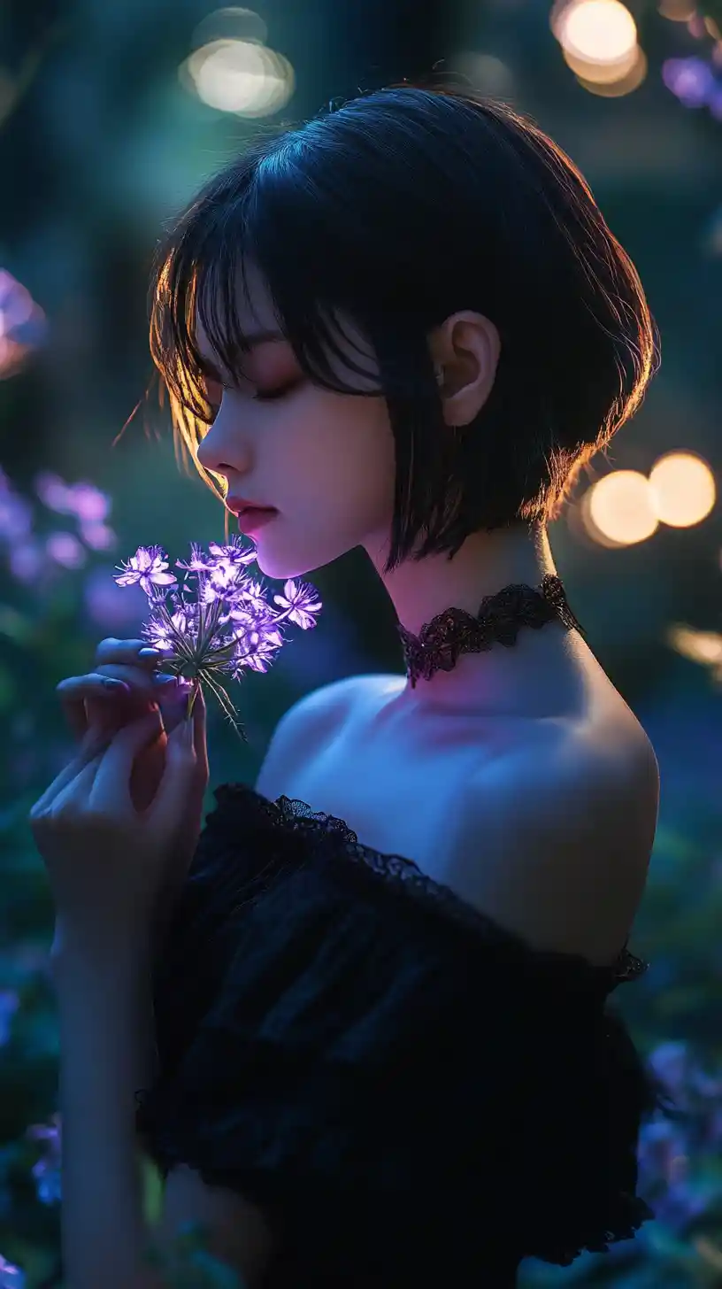 Anime girl with glowing purple flower in dark forest
