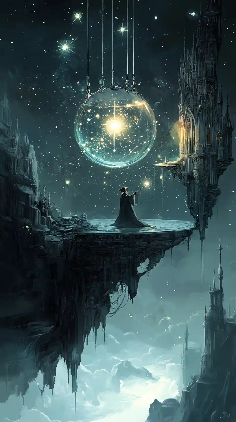 Wizard stirring a glowing starlit cauldron in the sky