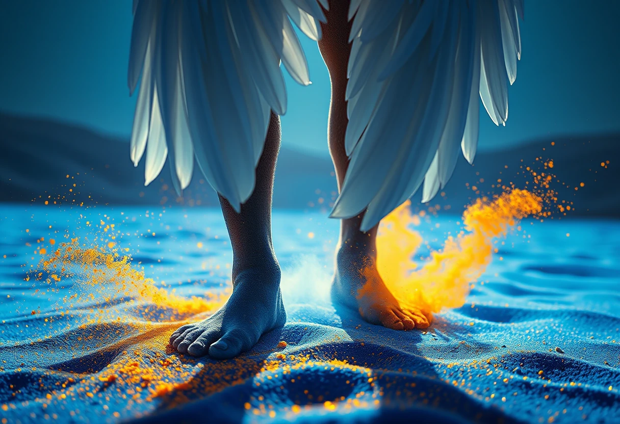 Angel feet on glowing blue dust in a folding desert