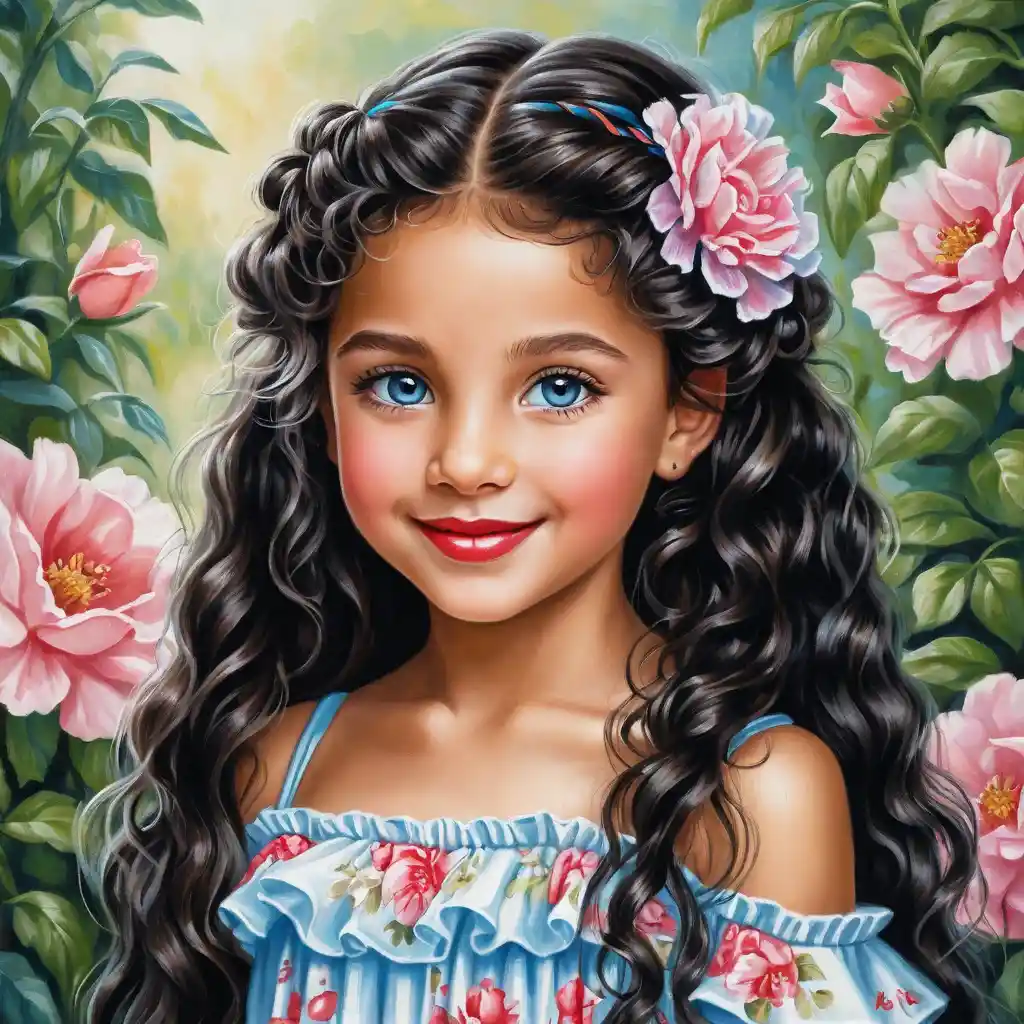Smiling girl with long curly hair in floral summer dress