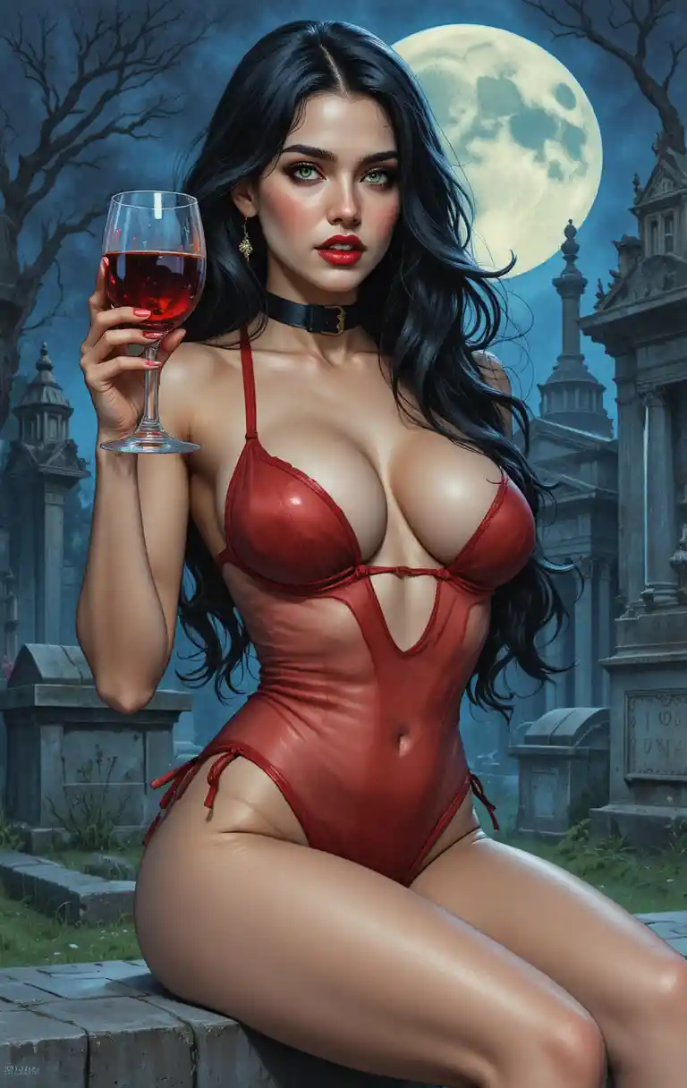 Seductive dark haired vampire woman in a graveyard at night