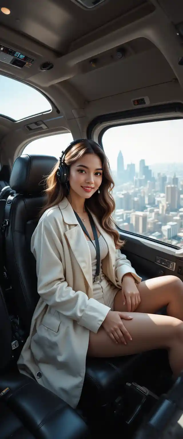 Stylish woman relaxing in helicopter over city skyline