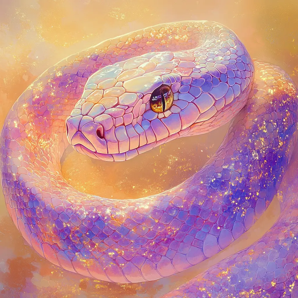 Iridescent watercolor snake with shimmering pastel scales