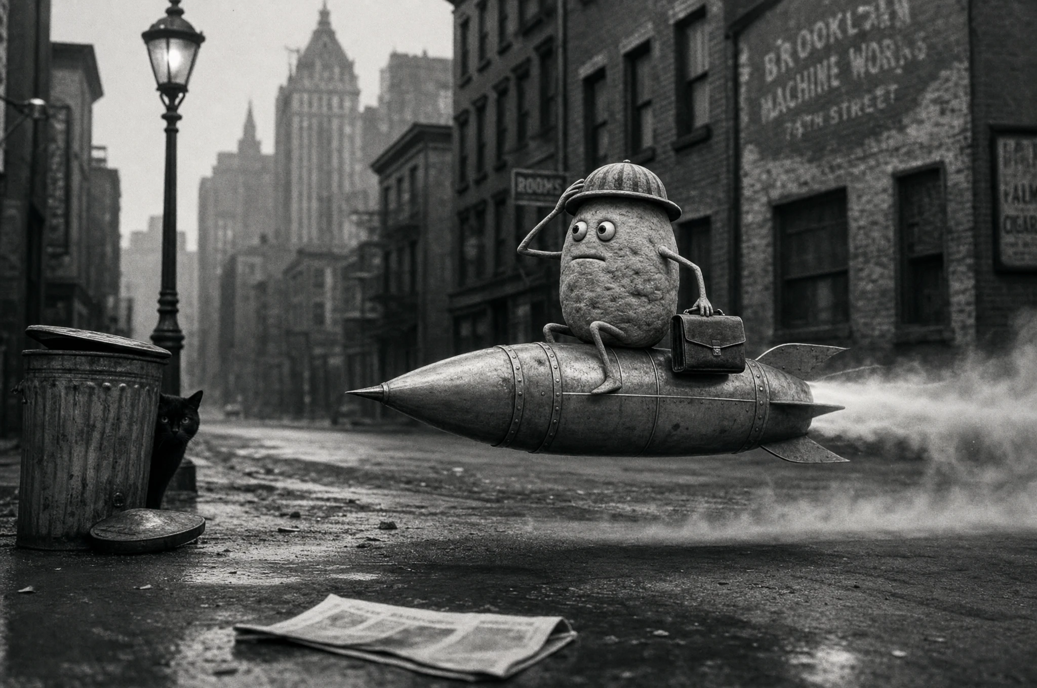 Potato man riding a vintage rocket through noir city