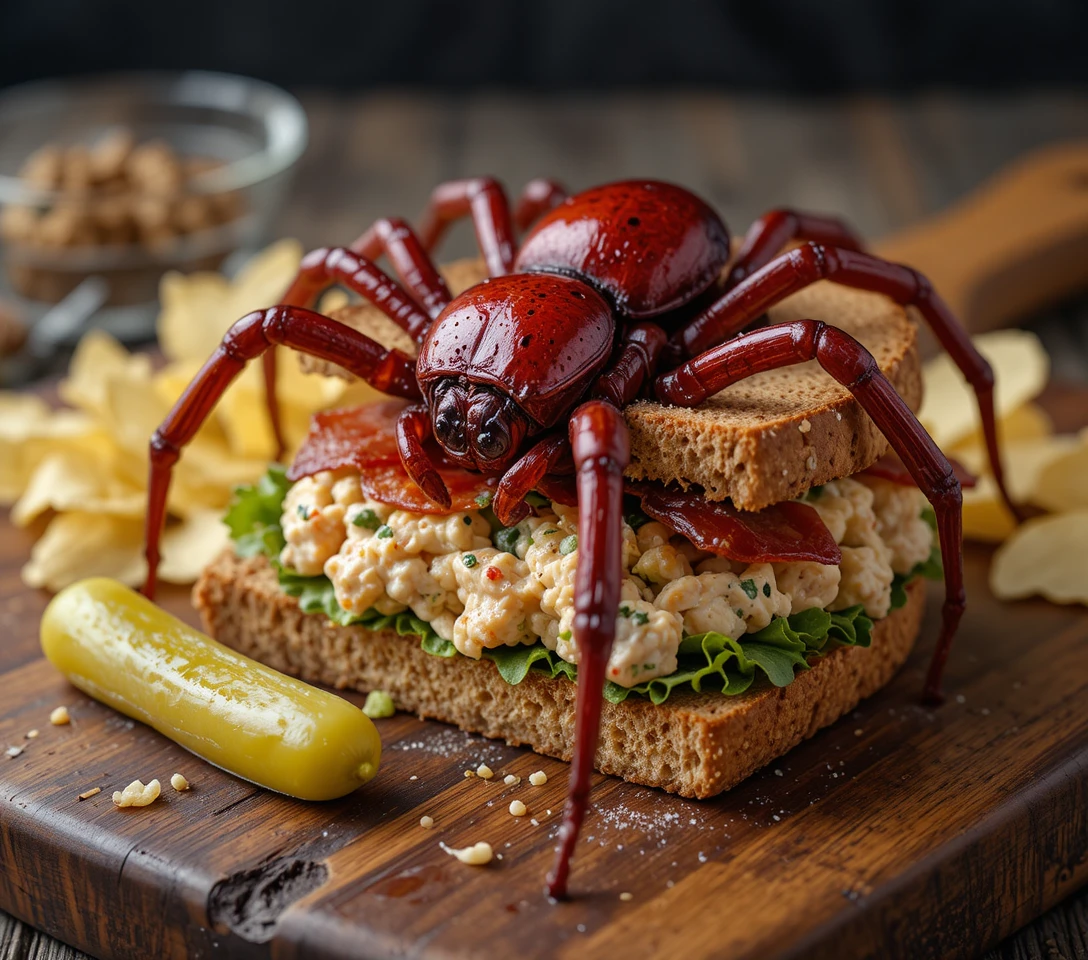 Surreal spider on chicken salad and bacon sandwich