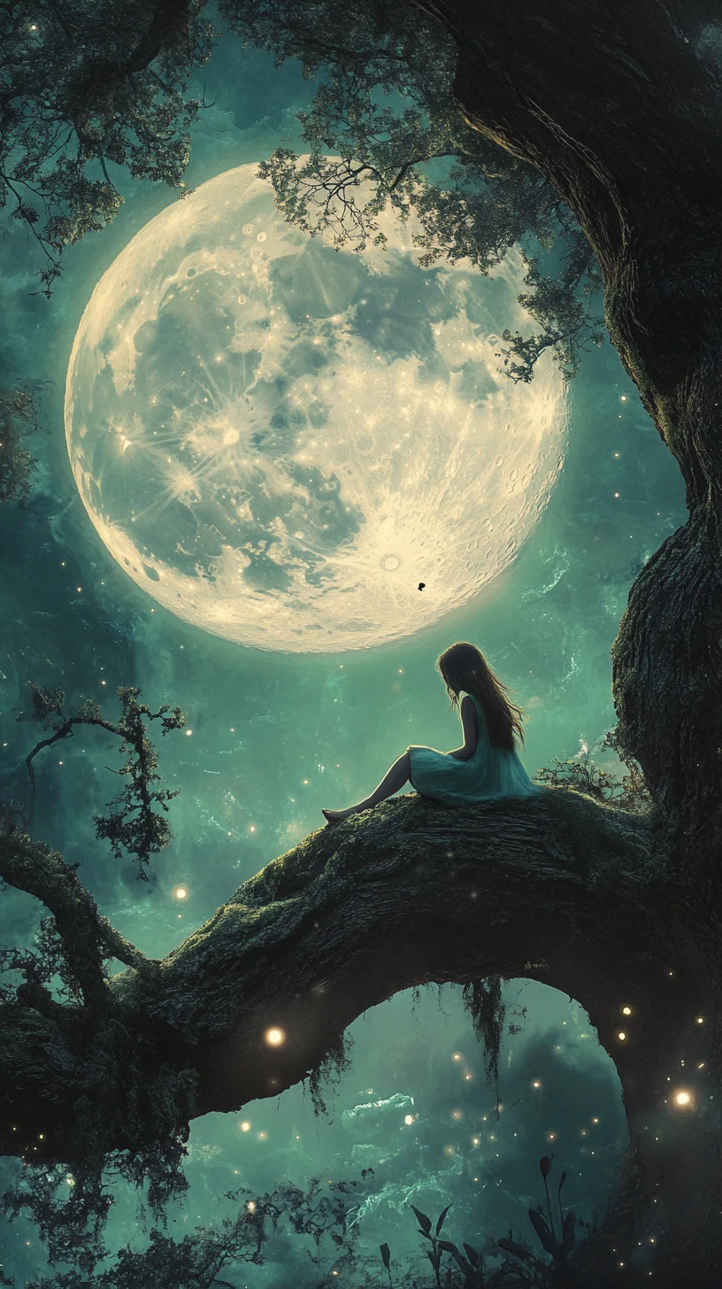 Girl on ancient tree branch under a luminous full moon