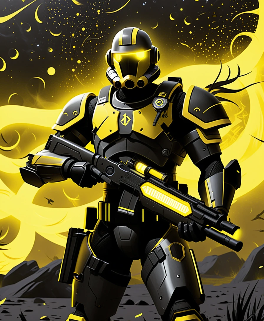 Sci fi warrior with neon armor in stormy outer space
