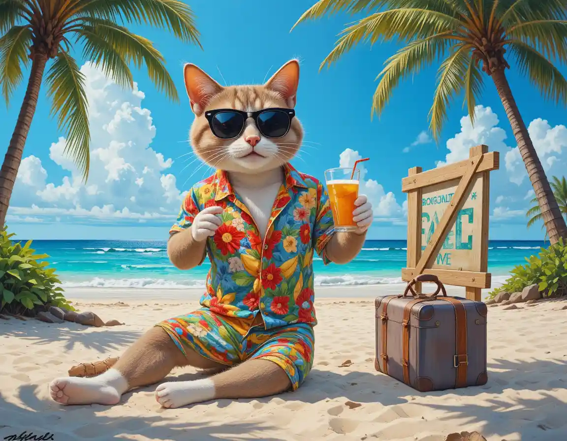 Anthropomorphic beach cat in sunglasses on tropical vacation