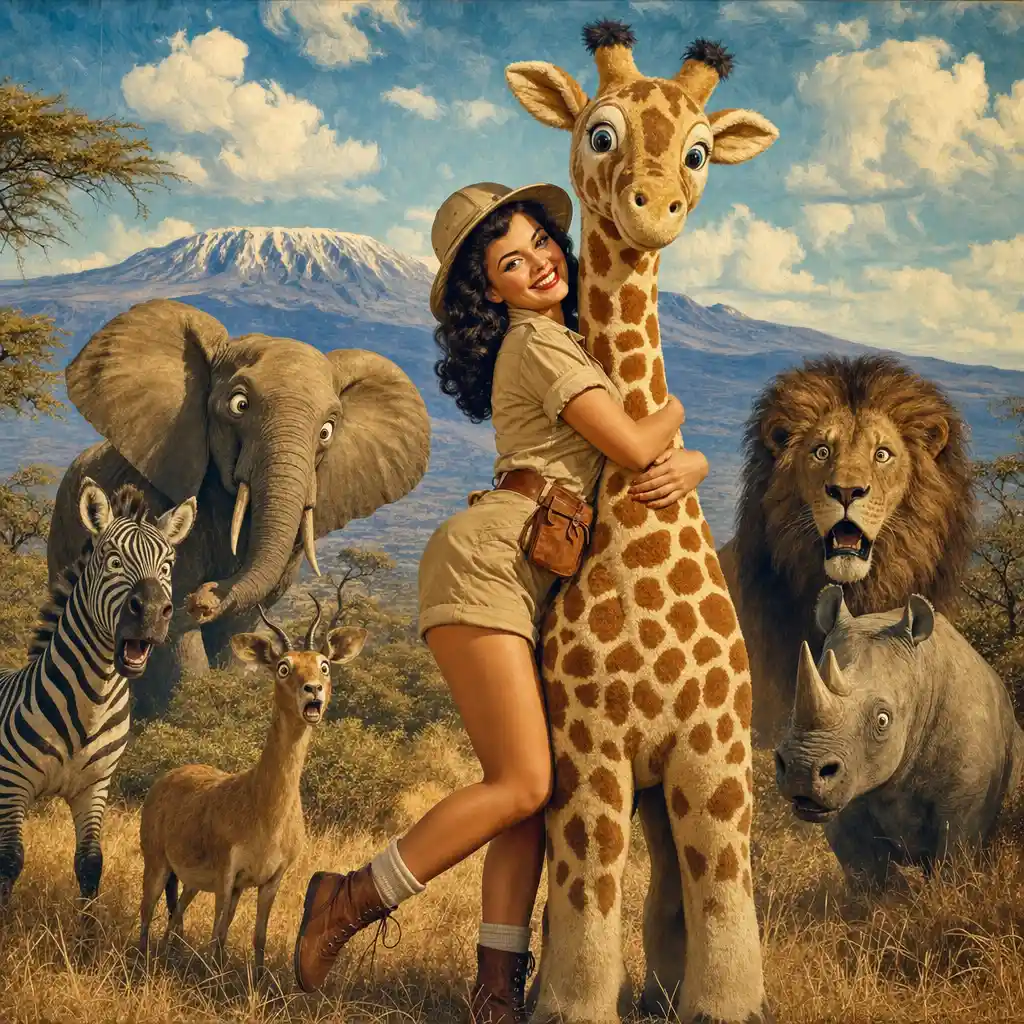 Pin up style girl hugging giant plush giraffe on safari