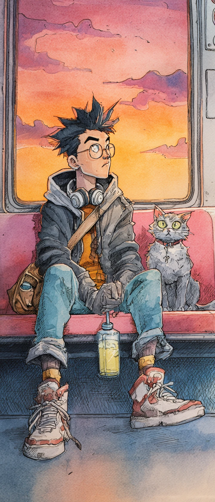 Gato alegre de dibujos animados en una escena de tren antiguo y soleado