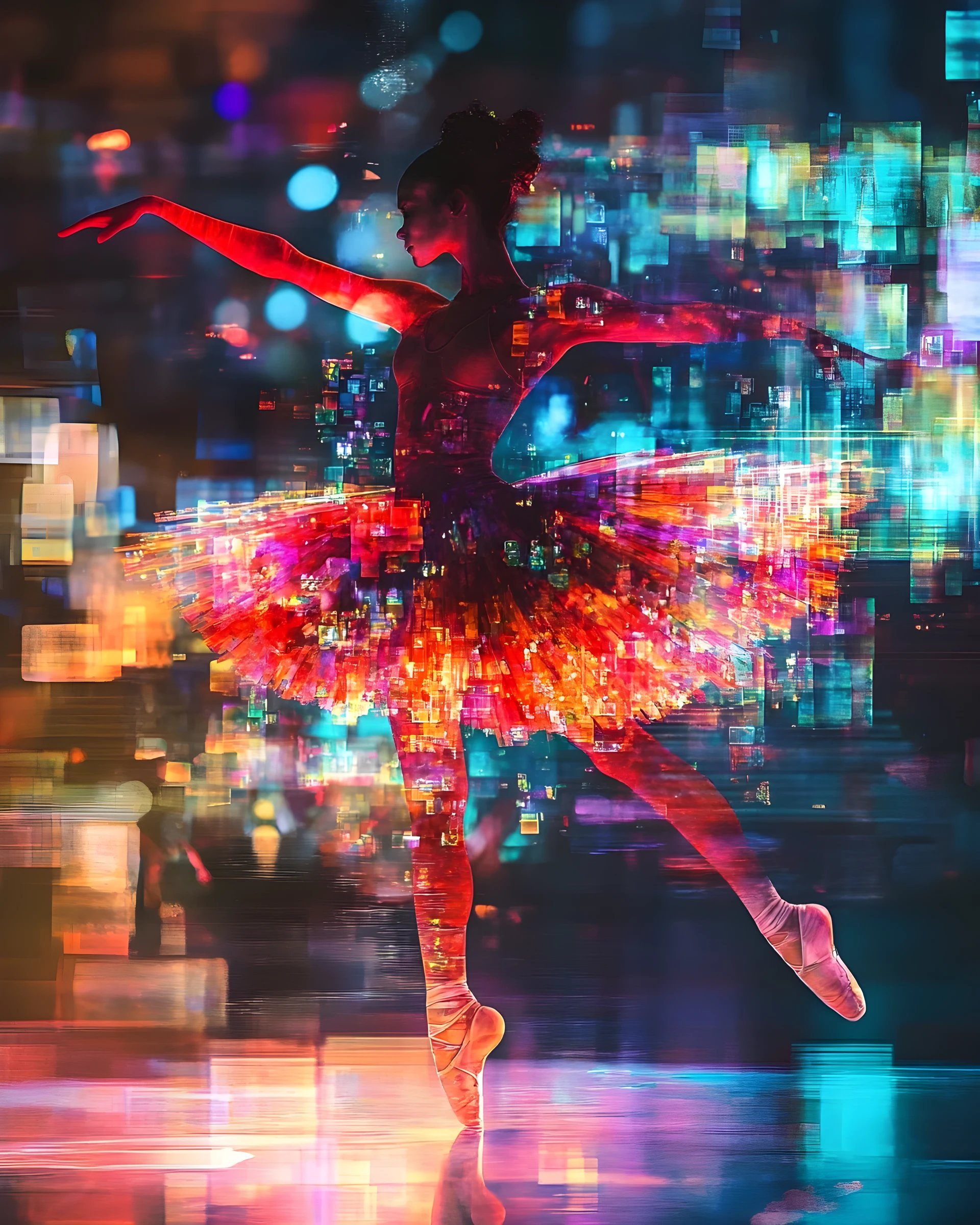 Arte colorido de bailarina cuántica con capas abstractas brillantes