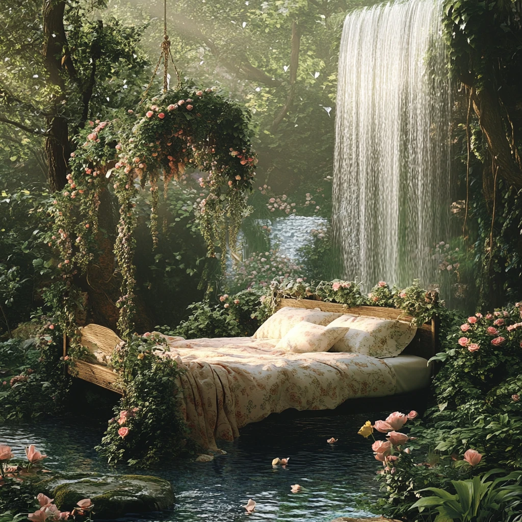 Träumerisches Wald-Bett-Refugium mit Blumen und Wasserfall