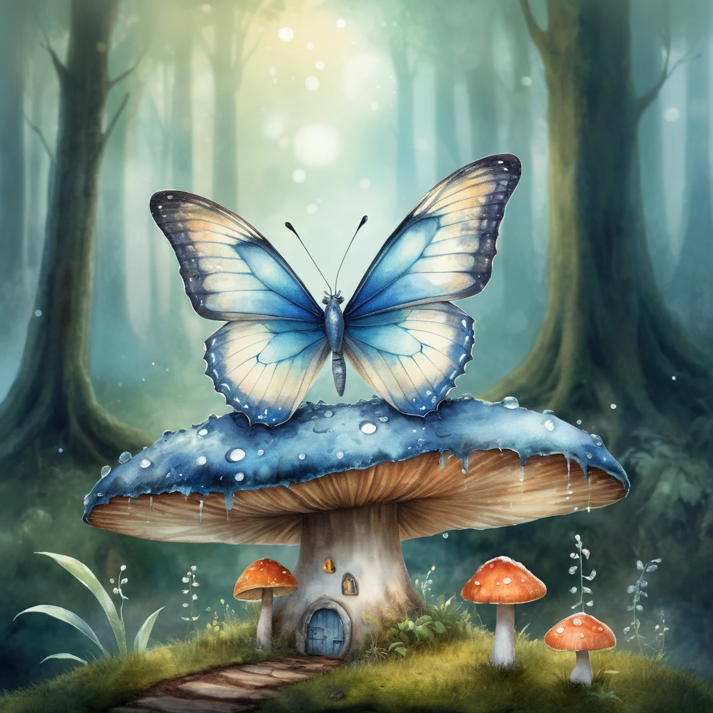 Whimsical butterfly resting on a dewdrop mushroom