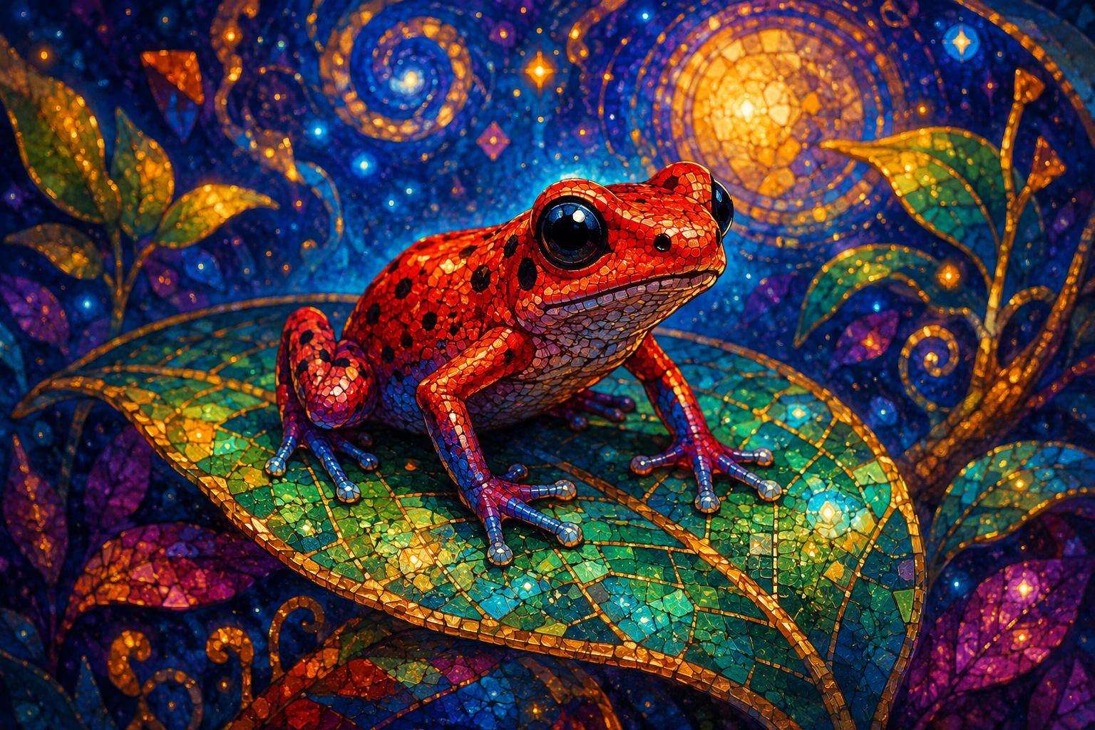 Cute red poison dart frog on glowing mosaic leaf
