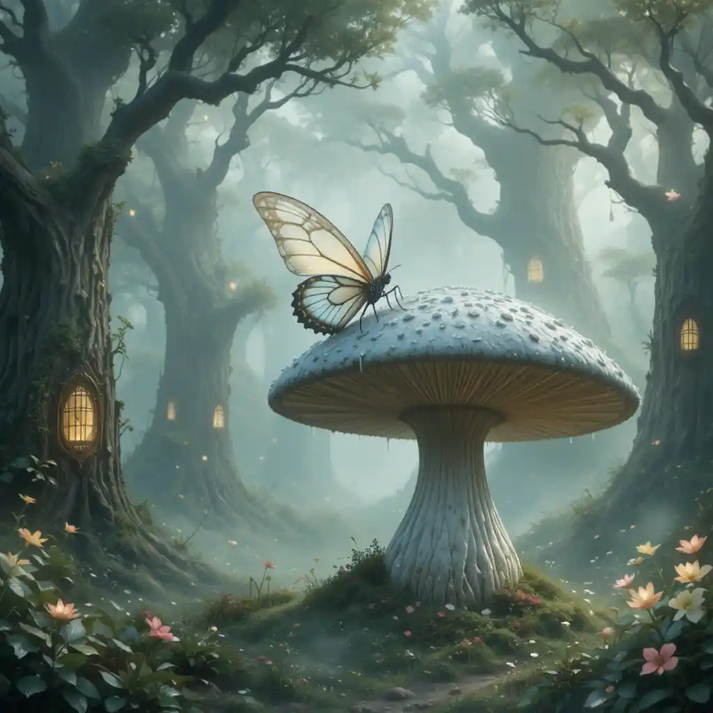 Whimsical butterfly resting on a dewdrop mushroom in forest glade