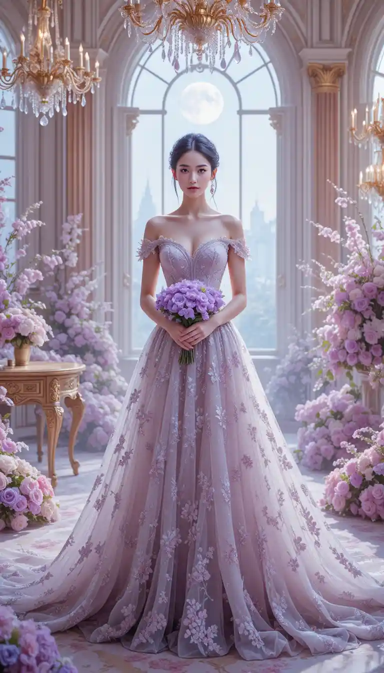 Elegant woman in floral gown in a moonlit luxury room