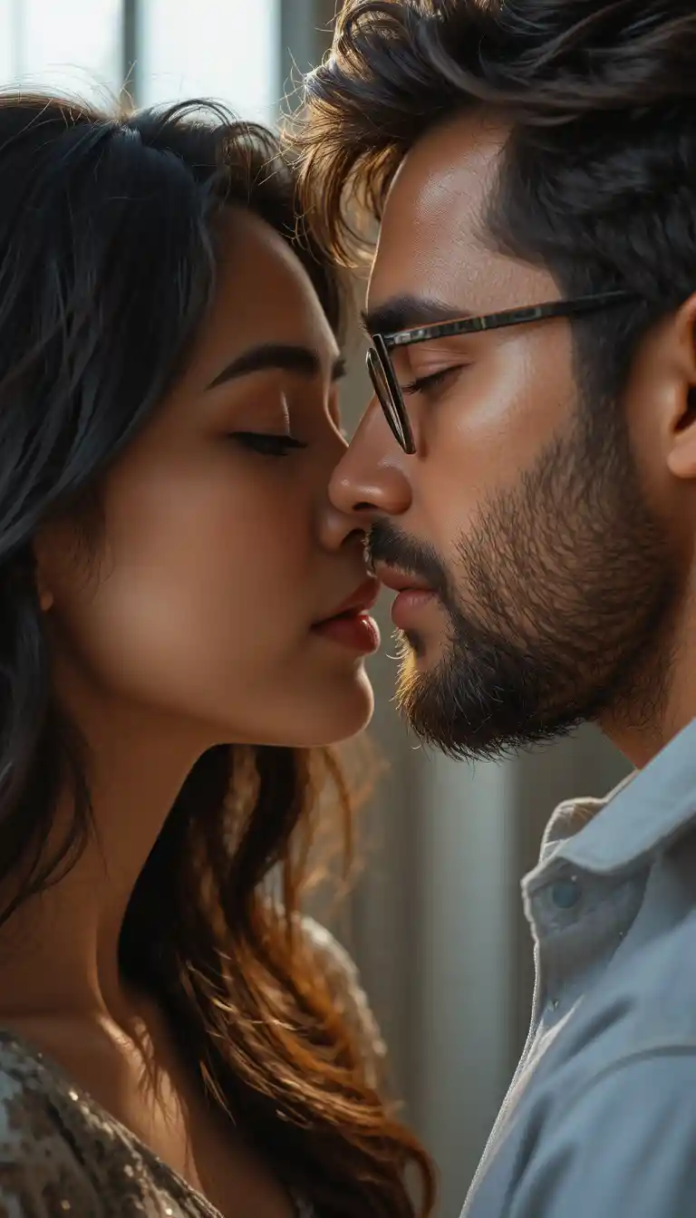 Romantic close up kiss of a young Indian couple