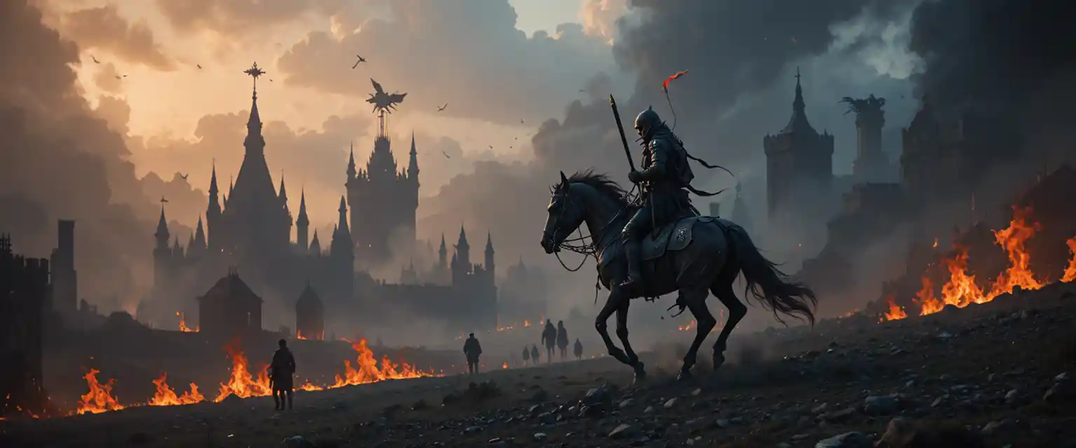 Apocalypse rider on skeletal warhorse in a burning kingdom
