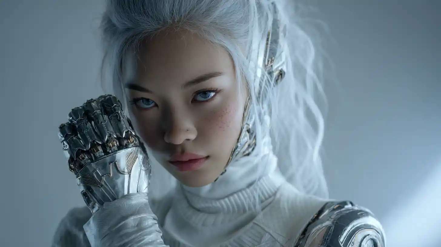 Futuristic woman holding glowing quantum weapon in spaceship