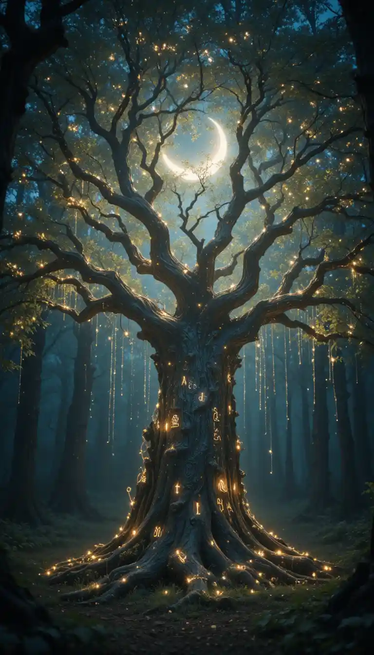 Glowing Rune Covered Tree In A Mystical Moonlit Forest