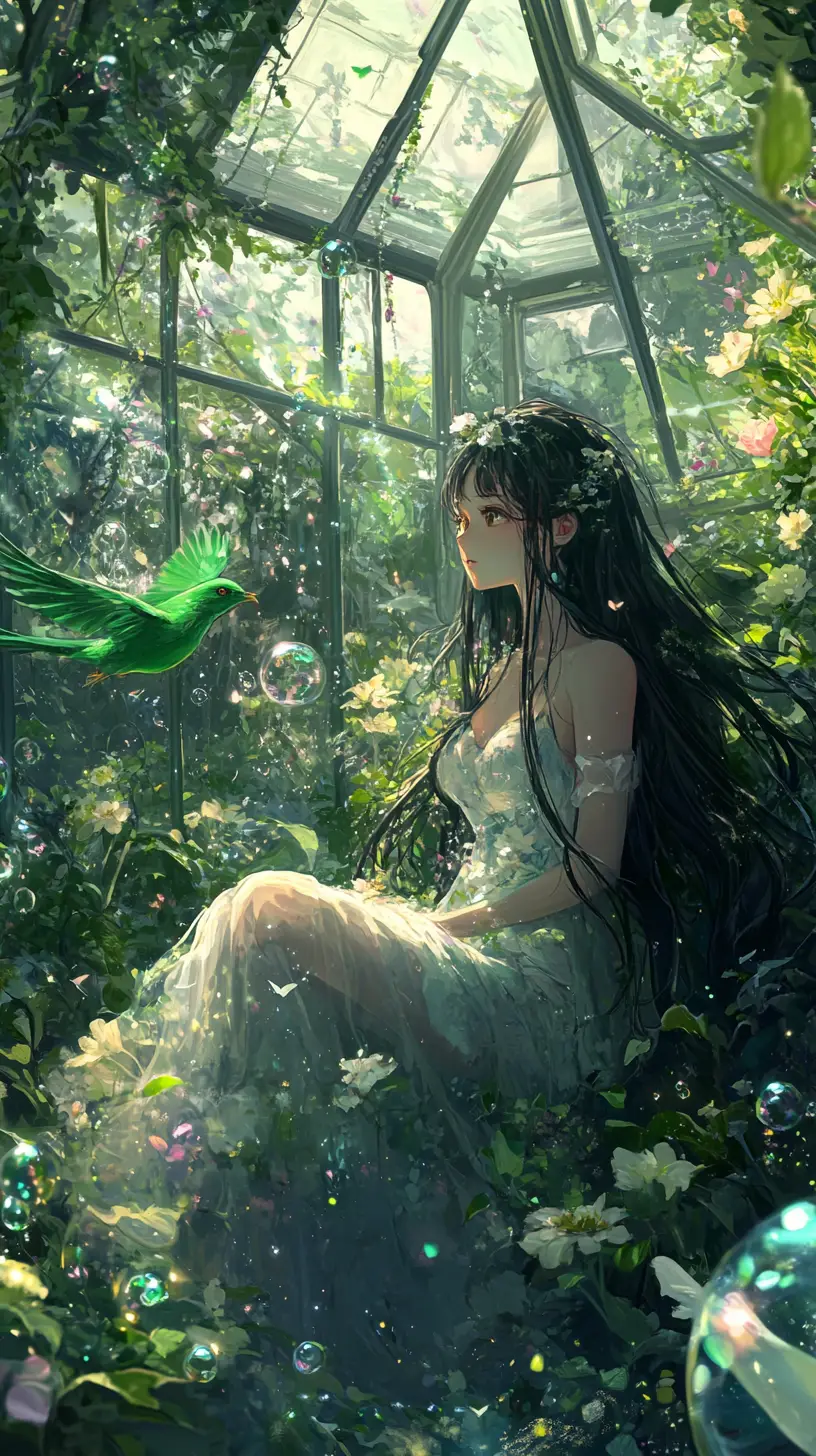Anime-Mädchen im verzauberten Gewächshaus mit leuchtendem Vogel