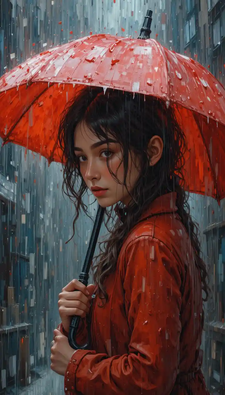 Woman Under Red Umbrella Watching The Falling Rain