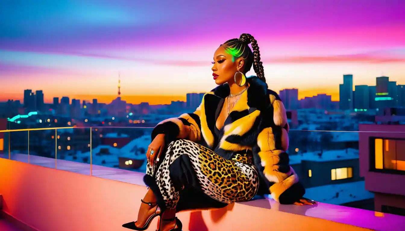 Stylish woman on balcony steps in futuristic city