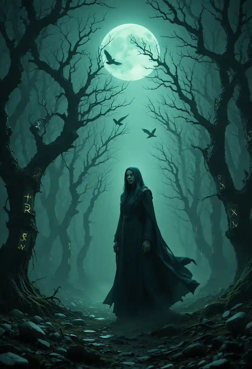 Ancient witch in a cursed forest under glowing runes