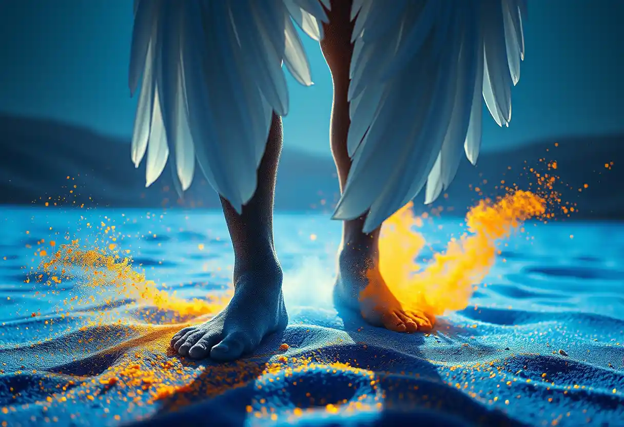 Angel feet on glowing blue dust in a folding desert