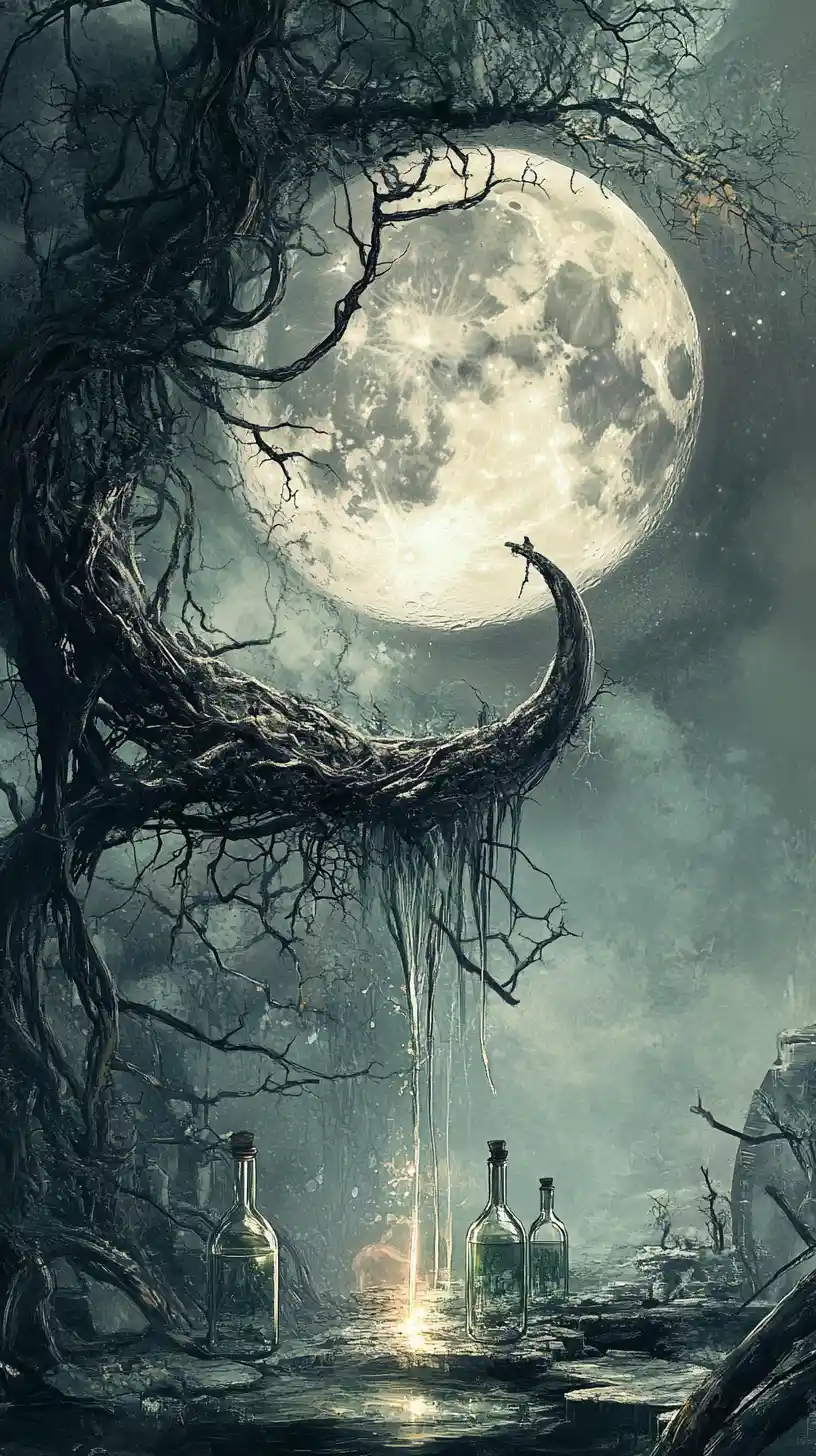 Giant moon tangled in a twisted tree above glass bottles