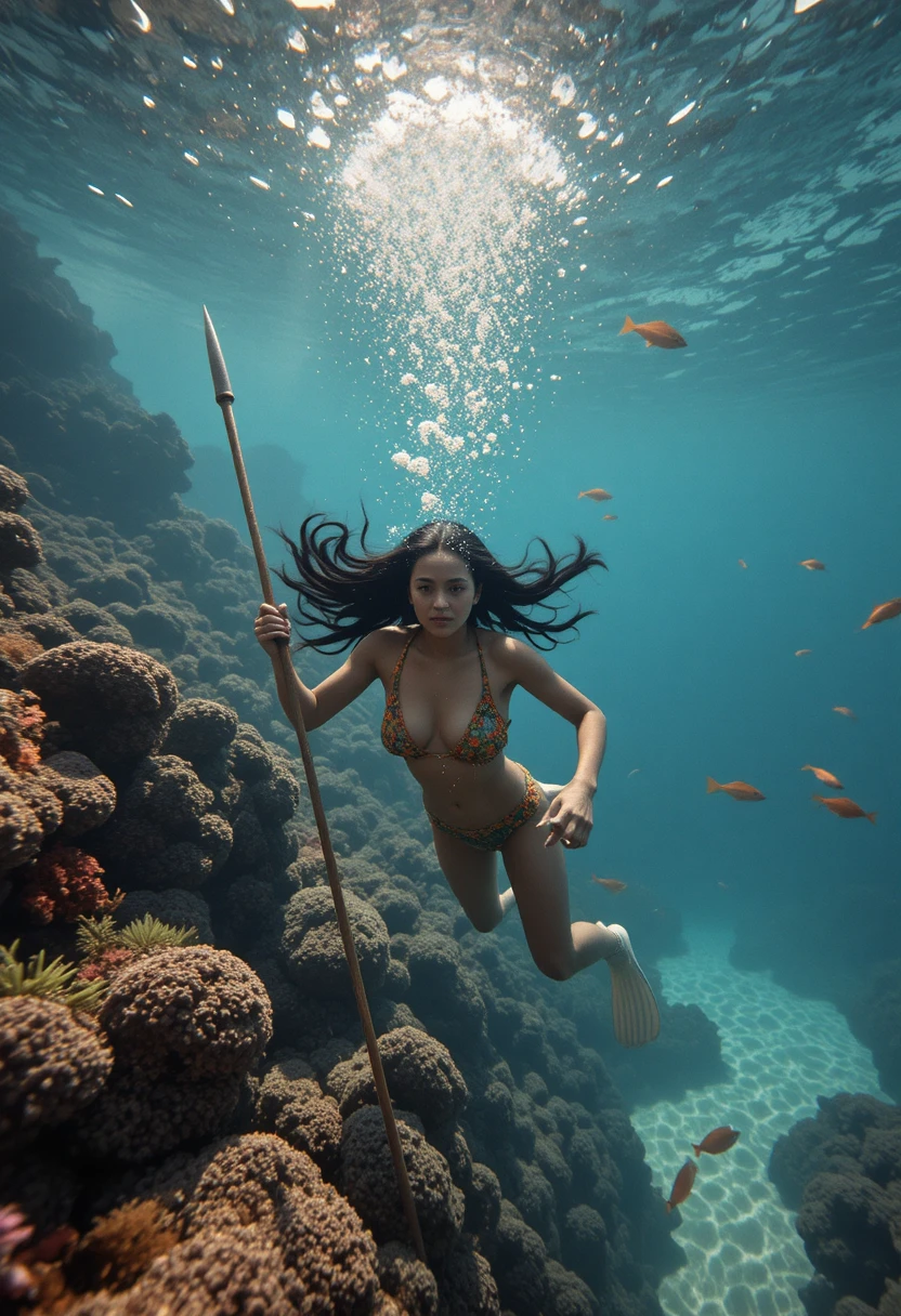 Tahitian woman freediving underwater with spear near coral reef