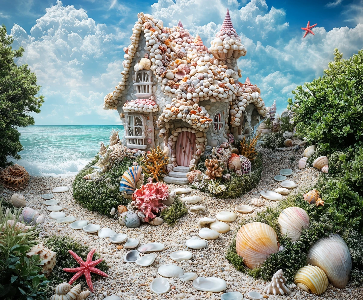 Whimsical Seashell Cottage Beside A Bright Blue Ocean