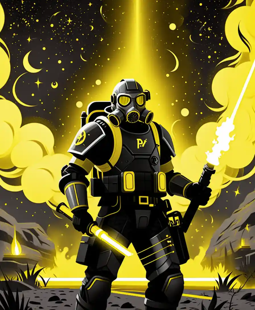 Armored sci fi warrior with flamethrower in glowing space
