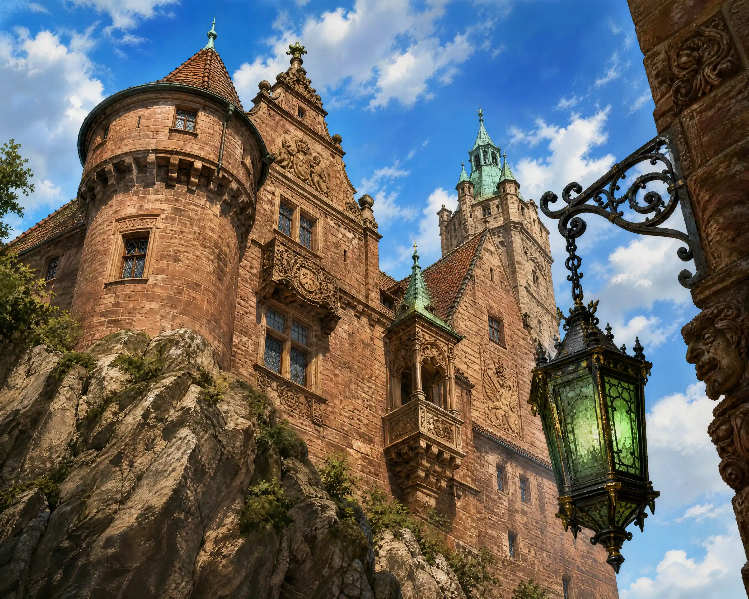 Medieval Sandstone Castle Facade Under Bright Blue Sky