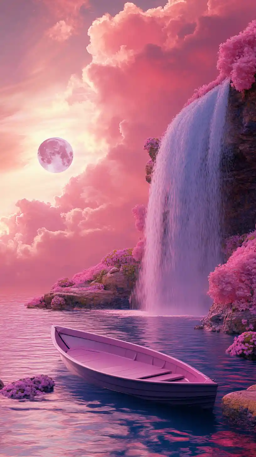 Dreamlike pink seascape with a boat and distant waterfall