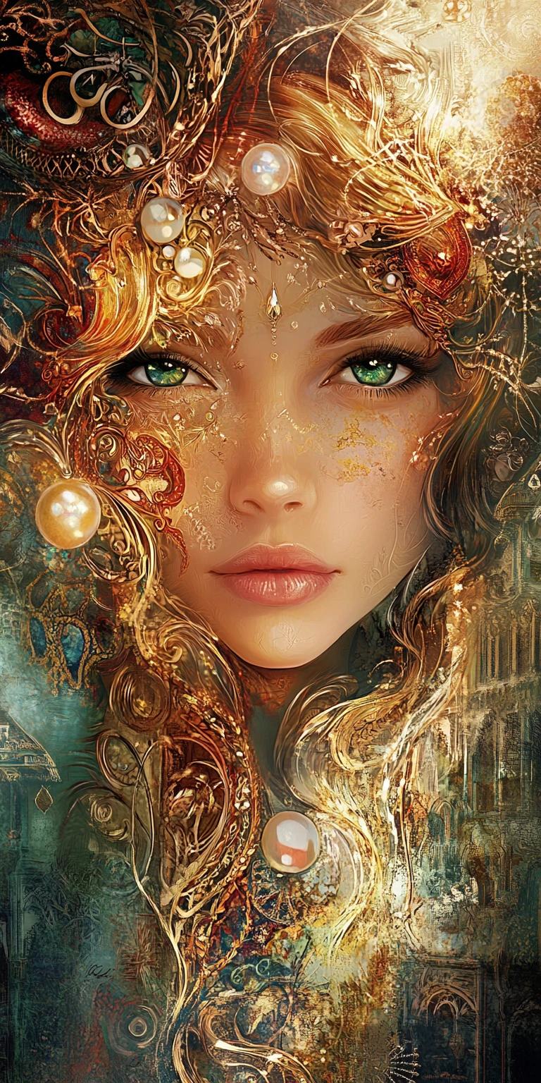 Enchanted woman in pearls within a luminous fantasy garden