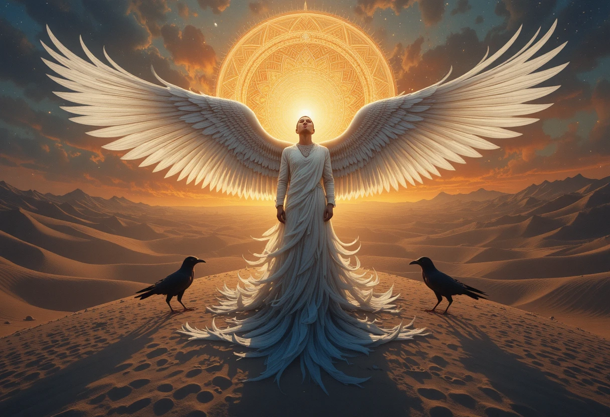 Winged man in a glowing desert mandala with ravens