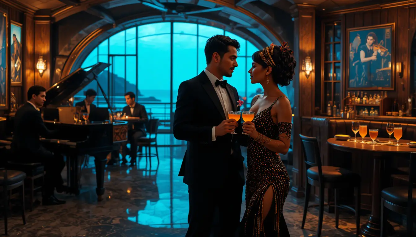 Romantic couple by piano in an elegant jazz club