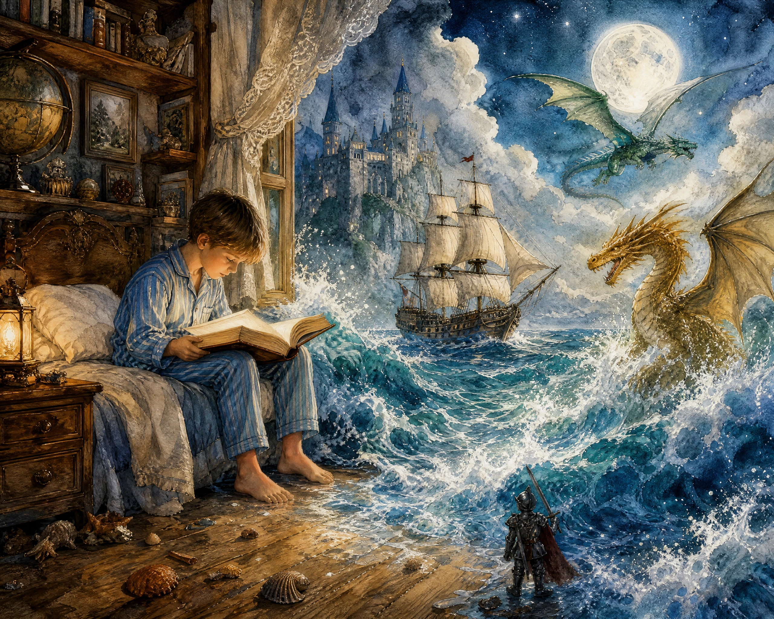 Young boy reading on bed in magical ocean bedroom