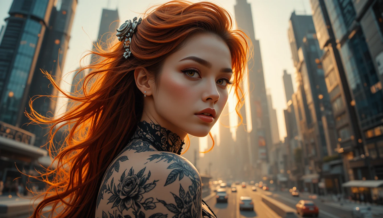 Futuristic city skyline with flying cars at sunset