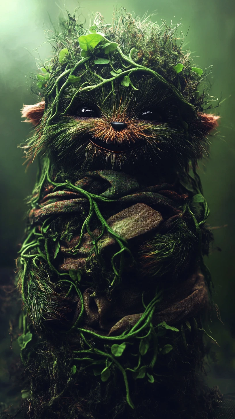 Playful jungle creature in layered organic fabric outfit