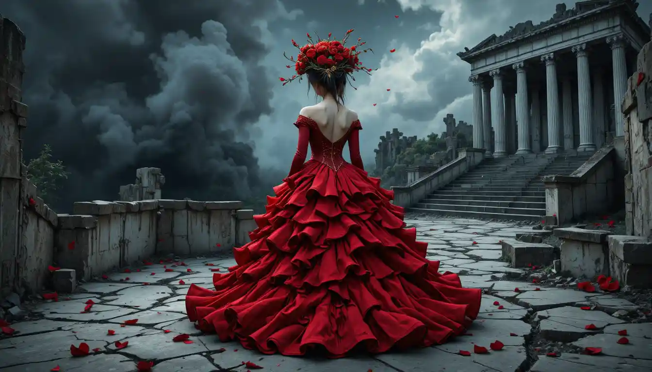 Gothische Vampirfrau mit wallendem Haar und viktorianischem Kleid