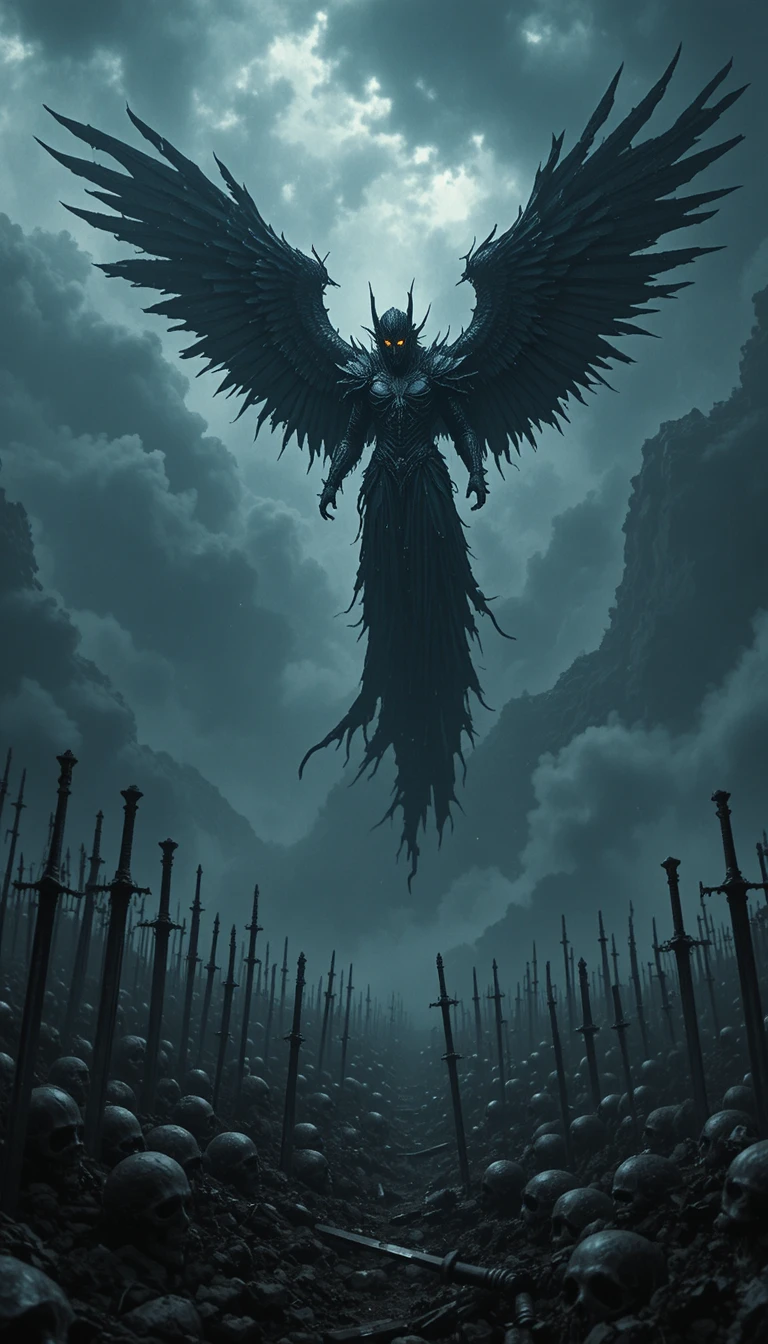 Fallen angel warrior descending over a stormy battlefield